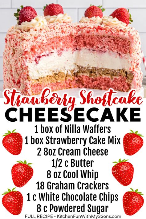 Strawberry Cake Topping Ideas, Strawberry Cheesecake Cake Pops, Strawberry Crunch Cheesecake Cake, Strawberry Crunch Cake Cheesecake, Strawberry Shortcake Topping, Cookie Crumble Topping, Strawberry Shortcake Cheesecake Recipe, Homemade Vanilla Frosting, Cake White Chocolate