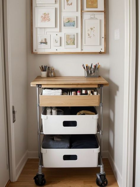 Transform your small bedroom into a functional art studio by utilizing space-saving solutions. Incorporate a foldable easel, a rolling storage cart for art supplies, and hang a pegboard for easy organization. Rolling Storage Cart, Rolling Storage, Storage Cart, Art Storage, Space Saving Solutions, Easy Organization, Peg Board, Functional Art, Small Bedroom