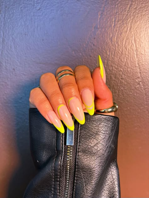 Long Almond Summer Nails, Almond Neon Nails, Neon Almond Shaped Nails, Neon Green French Tip, Neon French Tip Nails, Neon French Nails, Summer Vacay Nails, Nail Art Aesthetic, Green French Tip