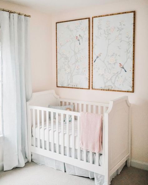 Lavender House Design on Instagram: "Our daughter Kate’s sweet nursery. . . Photos by @jillian.frances.knight Furniture by @potterybarnkids Linens by @annieselke Chinoiserie panels by @themuralsource . . Follow along @lavenderhousedesign . . #potterybarnkids #sharemypbk #nursery #nurserydecor #nurseryinspo #nurserydesign #chinoiserie #chinoiseriechic #chinoiseriechicstyle #chinoiseriedecor #chinoiseriewallpaper #chinoiseriestyle" Baby Girl Nursery Wallpaper, Chinoiserie Nursery, Framed Wallpaper Panels, Floral Baby Nursery, Nursery Photos, Pink And Green Nursery, Baby Blue Nursery, Girl Nursery Wallpaper, Lavender House