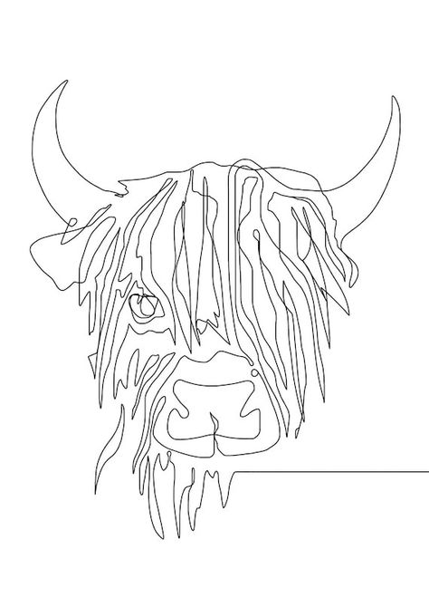 Highland Cow Line Drawing, Hyland Cow Tattoo, How To Draw A Highland Cow, Draw A Highland Cow, Highland Cow Outline, Cow Line Drawing, Scottish Highland Cow Art, Cow Line Art, Faux Taxidermy Pattern