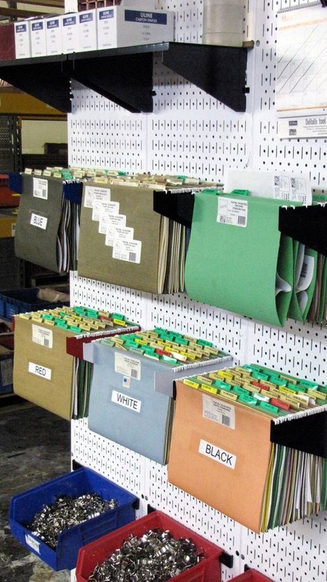 Sandpaper Storage, Pegboard Ideas, Industrial Garage, Storage Shed Organization, Wood Shed Plans, Pegboard Organization, Tool Board, Hanging Folders, Shed Organization