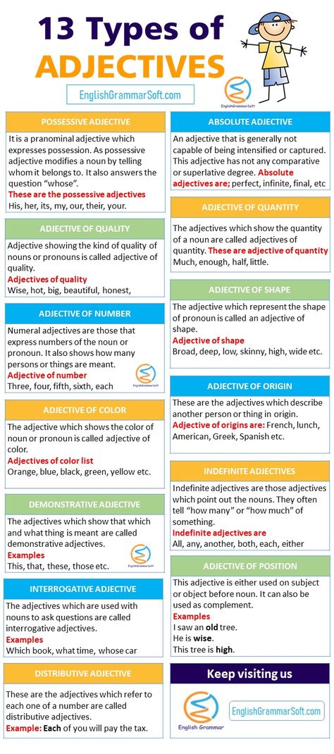 How do you describe adjectives? 13 Types of Adjectives with Examples #adjectives #adjective English Grammar Adjectives, Types Of Words In English, Teaching English Grammar Teachers, Adjective Rules, Grammer English Grammar Rules, Adjective Types, Adjective Grammar, Types Of Adjectives, English Grammar Lessons