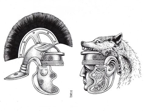 Bow Tattoo Thigh, Wolf Helmet, Geometric Fox Head, Roman Tattoo, Helmet Tattoo, Tattoo Wolf, Roman Centurion, Ancient Tattoo, Girls With Sleeve Tattoos