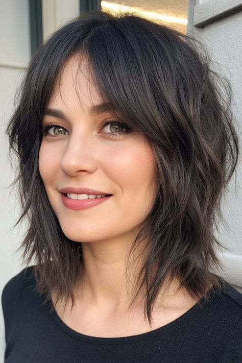 Short Layered Lob With Curtain Bangs, Shag Bob Haircut With Curtain Bangs, Lob Bangs Haircut, Curtain Bangs Short Hair Layers, Shag Bob With Curtain Bangs, Wolf Cut Short Hair With Round Face, Short Butterfly Haircut Shoulder Length, Short Hairstyle Women With Curtain Bangs, Short Butterfly Cut With Bangs