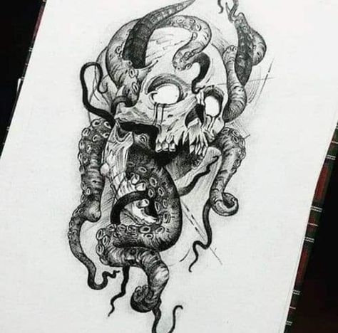 Skull Tattoo Ideas, Tattoo Fairy, Skull Art Tattoo, Drawing Skull, Octopus Tattoo Design, Octopus Tattoos, Kunst Tattoos, Tattoo Zeichnungen, Skulls Drawing