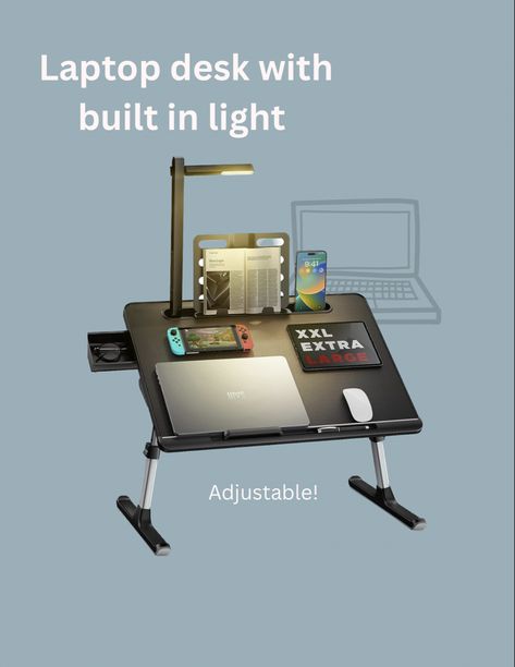 Adjustable Laptop desk with built in LED light Laptop Stand For Bed, Foldable Laptop Table, Laptop Stand Bed, Adjustable Laptop Stand, Read People, Led Desk Lighting, Foldable Desk, Book Lamp, Bed Tray