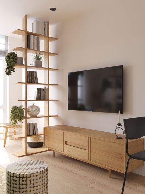 Wooden Apartment Interior, Tv Cabinets For Small Living Room, Scandi Design Living Room, Tv Small Apartment, Japandi Compact Living, Small Apartment Flooring, Small Appartment Ideas Living Room, Tv Wall Design Small Space Living Room, Scandinavian Interior Small Apartment