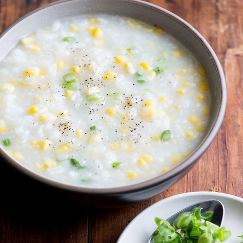 Sweet Corn Congee | Food & Wine Easy Congee, Chinese Congee, Congee Recipes, Congee Recipe, Rice Congee, Vegetarian Chicken, Chinese Foods, Porridge Recipes, Rice Porridge