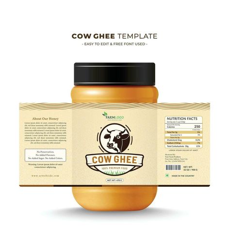 Ghee Packaging Design, Cow Ghee, Butter Milk, How To Make Labels, Milk Cream, Cow Head, Natural Design, Design Sticker, Ghee