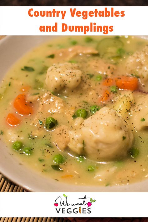 Get ready for a comforting bowl of country vegetables & dumplings! Fresh herbs brighten the flavor, and nutritional yeast adds just the right depth to this killer vegan riff on traditional chicken & dumplings. Country Vegetables, Vegetable Dumplings, Dumplings For Soup, Vegetable Casserole, Vegan Sauces, Vegetable Broth, Vegan Soups, Clean Food, Vegetarian Meals