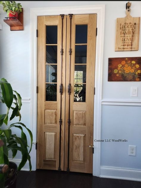 Small Double Doors Interior, Antique Door For Pantry, Single Pantry Door, Indoor Double Doors, Panty Door Ideas, Folding Pantry Doors, Kitchen Bifold Doors, Glass Pantry Door Ideas, Small Door Ideas