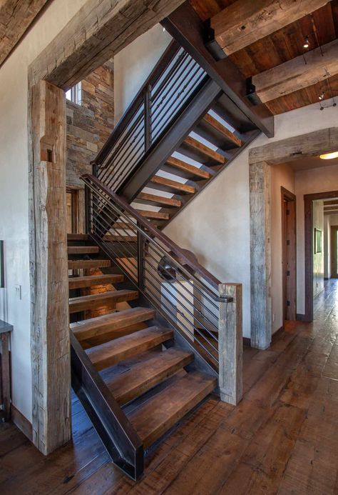 A beautiful Rocky Mountain home with a modern rustic farmhouse feel Rustic Staircase, Rustic Stairs, House Staircase, Modern Rustic Farmhouse, Timber Frame Construction, Open Staircase, Wood Staircase, Telluride Colorado, House Stairs