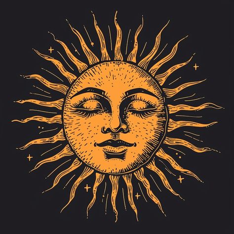 Sun Face Aesthetic, Hippie Sun Art Bohemian, Vintage Sun Aesthetic, Sun Drawing With Face, Sun Moon Face Tattoo, Ancient Sun Symbol, Boho Pfp, Cool Sun Tattoos, Sun With Face Drawing