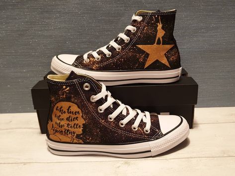 Stand out from the crowd with these unique and exclusive custom designed canvas shoes! 100% beautifully hand-painted and splash-resistant Hamilton themed canvas shoes. Each canvas shoe is uniquely designed and hand painted. There may be a slight variation in the colour or placement of the design, but I always make sure you will get a top quality design and finish. Always state preferred colour background. NOTE: Only available on Converse branded.  Converse branded shoes do come up about half a s Hand Painted Converse High Tops, Hamilton Themed Outfits, Hamilton Converse, Drawn On Converse, Hamilton Shoes, High Top Converse Costimized, Converse Painting Ideas, Converse Custom Art Hand Painted Shoes, Custom Converse High-top Sneakers For Streetwear