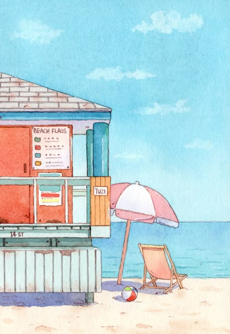 Summer Illustration Art Drawings, Drawing Ideas Landscape, Florida Drawing, Aquarelle Aesthetic, Watercolour Beach, Beach Drawing, Concept Art Tutorial, Dreamy Artwork, Beach Illustration