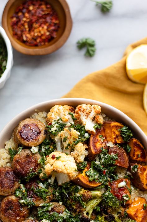 Recipes With Chimichurri Sauce, Meat And Veggie Meals Clean Eating, Chimichurri Bowl, Recipes With Chicken Sausage, Chicken Sausage Bowl, Healthy Chicken Sausage Recipes, Roasted Veggies With Chimichurri, Chicken And Sausage Recipes, Chicken Sausage Quinoa Bowl