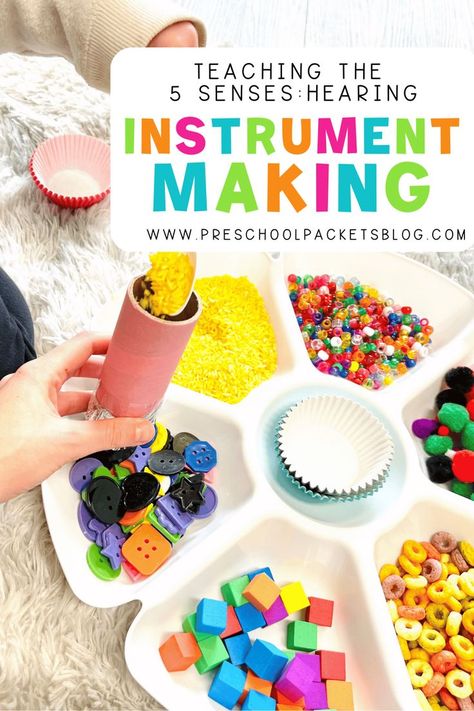 The first activity I set up for my little learners is creating their own instruments at the music-making station. This is a must if you are doing a 5 senses unit. Five Senses Art For Toddlers, 5 Senses For Kids, 5 Senses Craft, 5 Senses Preschool, Five Senses Preschool, Sense Of Hearing, 5 Senses Activities, Senses Preschool, My Five Senses