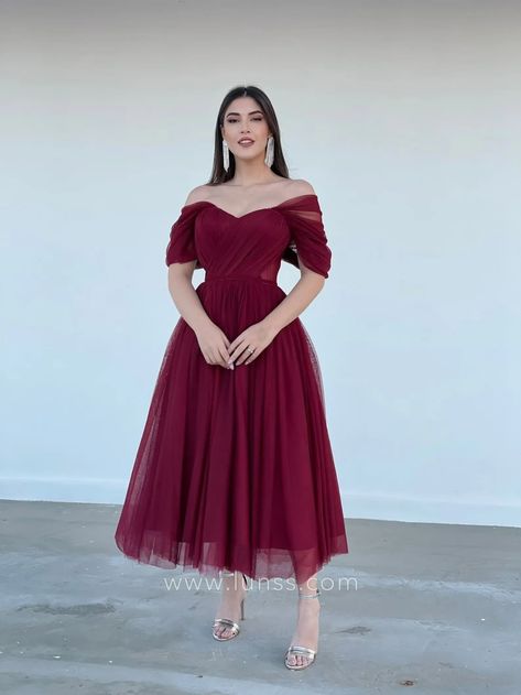 claret red tulle tea length corset engagement dress Red Tulle Dress, Long Frock Designs, Rock Dresses, Dress Graduation, Frock For Women, Engagement Dress, Claret Red, Dress Pleated, Photoshoot Dress