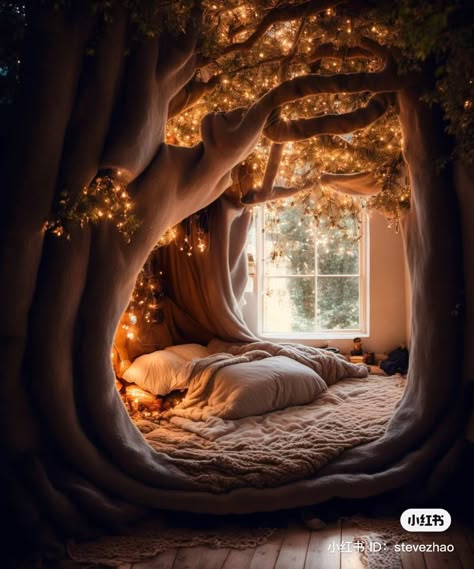 Dark Forest Bedroom, Tree Bed, Fantasy Bedroom, Dream Bedroom Inspiration, Nest Bed, Halloween Room, Halloween Room Decor, Fantasy Rooms, Lights Hanging