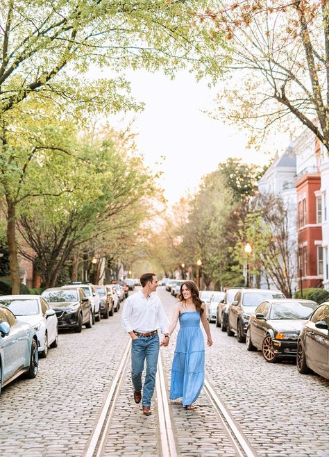 Andrea & Hunter's intimate city engagement session in Georgetown DC. I loved meeting up with this couple for a portrait session in front of the iconic Georgetown cobblestone streets and daydream worthy row homes. Check out the blog to see more photos of this dreamy Spring engagement shoot! | Heather Dodge Photography | Virginia Wedding Photographer Georgetown Homes, City Engagement Photos Outfit, Georgetown Photo Ideas, Downtown City Couples Photoshoot, Editorial Downtown Engagement Photos, Georgetown Engagement Photos, Old Town Alexandria Engagement Photos, City Engagement Pictures, Engagement Photos Georgetown Dc