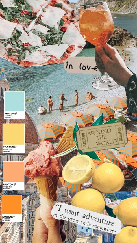 Orange Blue Aesthetic, Blue Aesthetic Moodboard, Picture Decorations, Pantone Orange, 70s Bedroom, Italian Beach, Hd Photography, Moodboard Collage, Italian Aesthetic