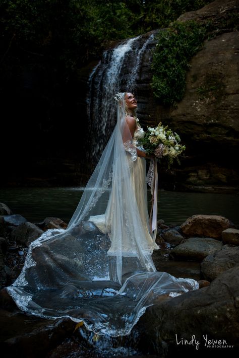 Waterfall Wedding Photos, Veil And Crown, Wedding Waterfall, Couture Suit, Wedding Layout, Outdoor Bride, Philippine Wedding, Waterfall Wedding, Waterfall Photo