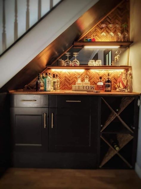 Small Bar Under Staircase, Dry Bar Under Stairs, Under The Stairs Bar, Home Bar Designs Small Corner, Bar Closet, Bar Under Stairs, Under Stairs Wine Cellar, Under Stairs Nook, Stair Nook