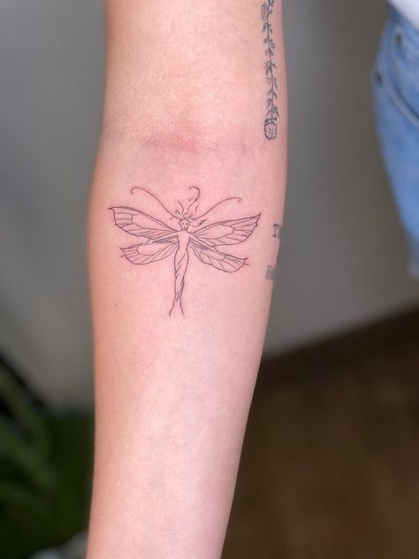 Fairy Tattoo Forearm, Fine Like Fairy Tattoo, Garden Fairy Tattoo, Tiny Fairy Tattoo, One Line Fairy Tattoo, Peter Pan Fine Line Tattoo, Dainty Tattoos Fairy, Fairy Garden Tattoo, Fairy Dainty Tattoo