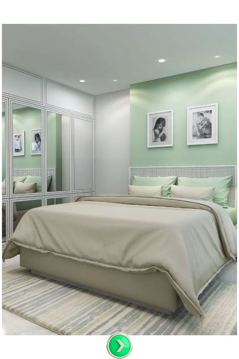 Fresh green and white bedroom with mint green walls and white accents, offering a refreshing, crisp design. Mirrored closet doors expand the space, enhancing natural light. Mirrored Closet Doors, Mint Green Bedroom, Green And White Bedroom, Mirrored Closet, Mint Green Walls, Bedroom Color Combination, Mirror Closet Doors, Green Walls, Bedroom Color