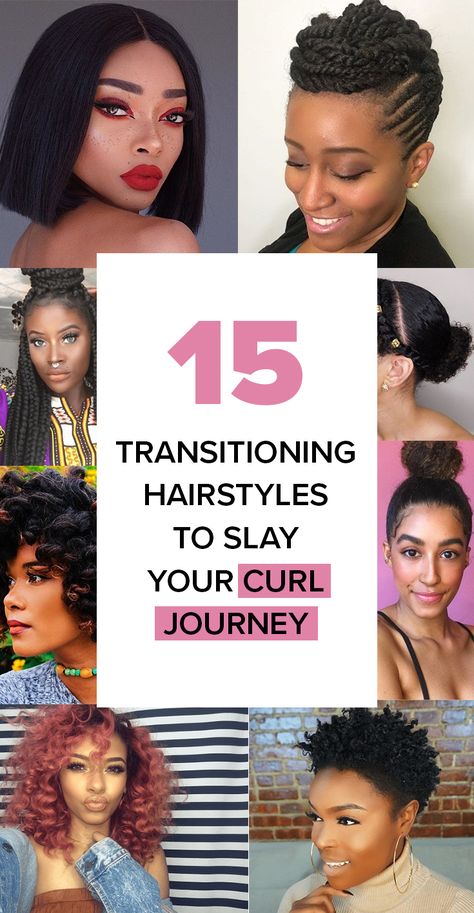 Natural Hairstyles For Transitioning Hair, Styling Transitioning Hair, Transition Natural Hair, Hairstyles For Transitioning To Natural, Natural Transitioning Hairstyles, Transitional Hairstyles For Natural Hair, Transitioning From Relaxer To Natural Hairstyles, Natural Hair Transitioning Hairstyles, Transitioning From Relaxer To Natural Hairstyles Protective Styles