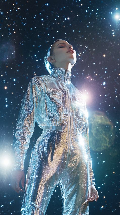 Embrace the cosmos with an Aquarius-inspired metallic jumpsuit against a starry backdrop. Futuristic accessories complete this editorial fashion look for the ultimate cosmic traveler. Spacecore Fashion, Spacecore Aesthetic, Futuristic Accessories, Zodiac Fashion, Metallic Jumpsuit, Metallic Jumpsuits, Space Outfit, Futuristic Fashion, The Cosmos