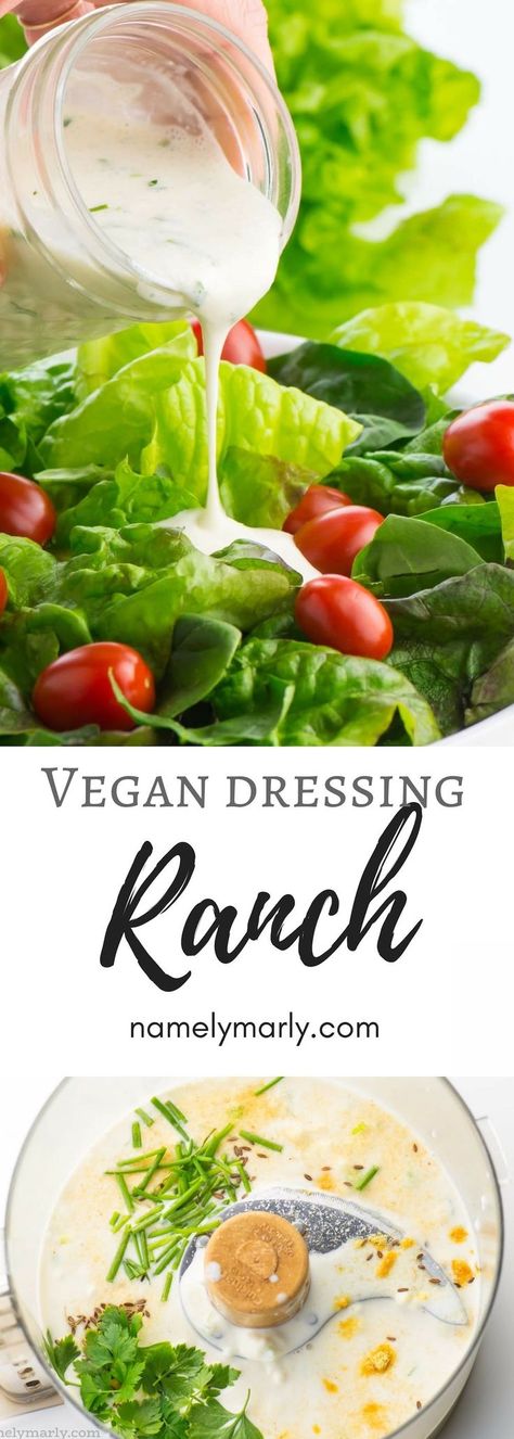 Ranch Dressing is probably the most popular dressing around. This vegan ranch dressing takes the traditional recipe to another level because it's dairy-free, but so creamy with a good herbal kick! This homemade dressing tastes better than store-bought dressings and only takes minutes to make and minimal ingredients.  #vegan #plantbased #namelymarly #ranch #salad via @namelymarly Dairy Free Ranch Recipe, Vegan Ranch Dressing Recipe, Homemade Vegan Ranch Dressing, Vegan Dressings, Dairy Free Ranch Dressing, Vegan Sauce Recipes, Vegan Ranch Dressing, Ranch Salad, Vegan Dressing