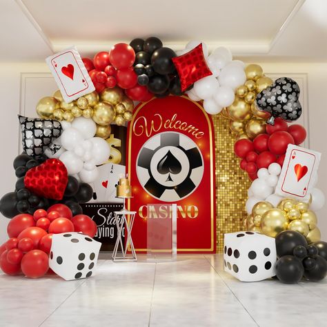 PRICES MAY VARY. Includes: 37 red balloons, 37 white balloons, 37 black balloons, 37 metallic gold balloons; 4 casino foil balloons (club shape, heart shape, diamond shape, spade shape), 2 dice shape foil balloons and 2 poker shape foil balloons. 1 ribbon, 100 glues and 1 balloon strip chain These balloons are made of natural latex. They are more resistant to oxidation than other brands Suitable for casino themed birthday parties, Las Vegas parties, bachelorette parties, and anniversary celebrat Birthday Party Decorations White, Las Vegas Themed Party, Poker Birthday Party, Vegas Themed Party, Party Decorations White, Las Vegas Party Theme, Casino Theme Party, Business Launch Party, Vegas Theme Party