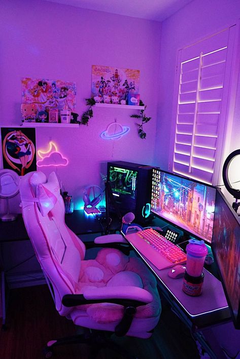 Gamer Girl Set Up with RGB lighting Gamer Bedroom Girl, Gamer Bedroom, Streaming Setup, Rustic Wood Walls, Neon Sign Bedroom, Wood Wall Shelf, Cute Games, Pc Setup, Led Neon Lighting