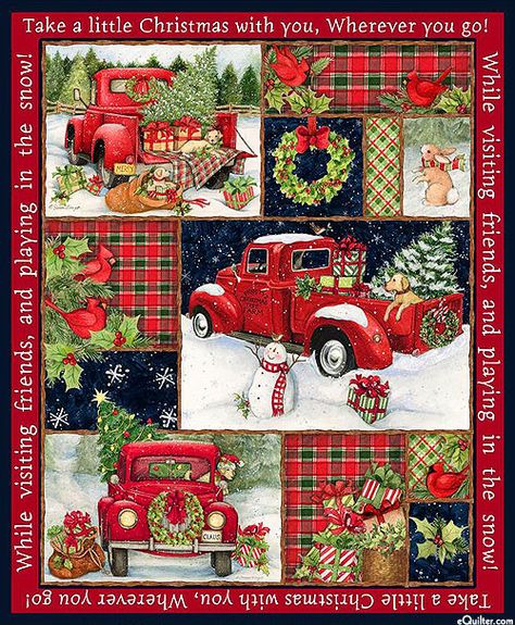 eQuilter Christmas - Red Truck Collage - Red - 36" x 44" PANEL Christmas Fabric Panels, Old Red Truck, Christmas Red Truck, Vintage Red Truck, Christmas Collage, Snowman Gifts, Holiday Quilts, Christmas Car, Christmas Truck