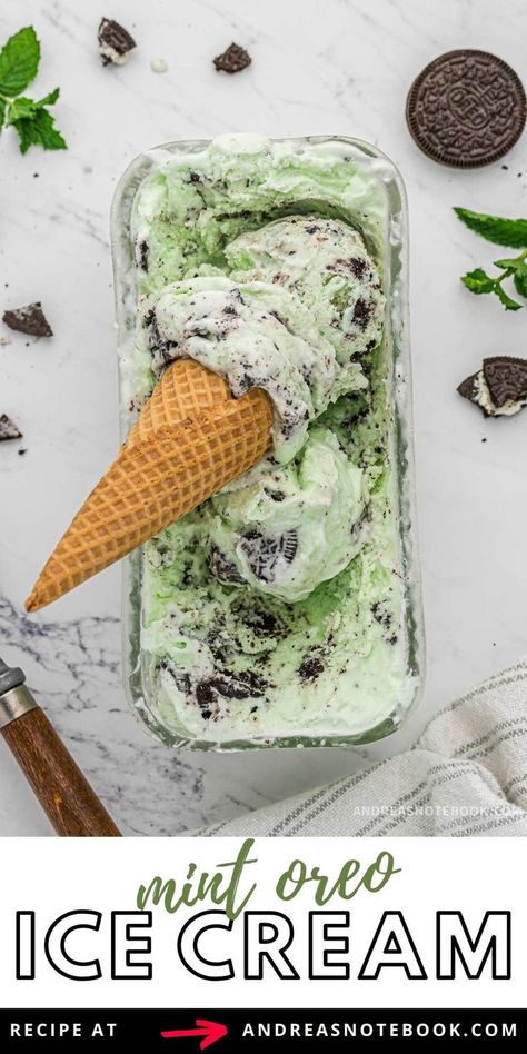 Mint oreo ice cream cone in an ice cream container. Mint Oreo Ice Cream, Oreo Ice Cream Recipe, Homemade Chocolate Syrup, Mint Desserts, Hand Mixers, Mint Oreo, Oreo Ice Cream, Ice Cream Maker Recipes, Mint Ice Cream