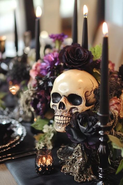 "Transform your dining table with DIY Halloween Centerpieces! 🕯️🎃 Ideal for setting a spooky and festive mood for your Halloween gathering. 🌿✨ #SpookyCenterpieces #DIYHalloween #TableDecor" Goth Wedding Decorations Table Settings, Goth Table Setting, Gothic Wedding Centerpieces Table Decor, Spooky Halloween Tablescape, Skeleton Tablescape, Deco Table Halloween, Gothic Table Setting, Spooky Tablescape, Diy Halloween Centerpieces