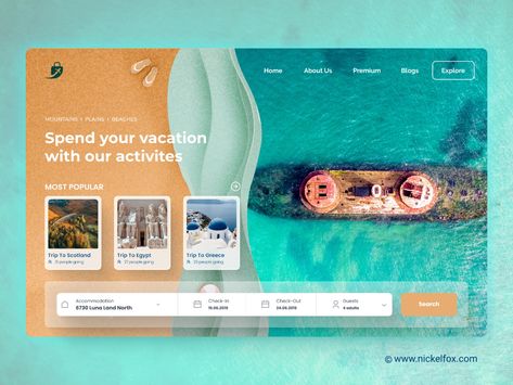 Travel Landing Page by AISHWARYA SINHA for Nickelfox on Dribbble Travel Landing Page, Travel Website Design, Gift Voucher Design, Website Design Inspiration Layout, Website Banner Design, Banner Design Layout, Voucher Design, Proposal Design, Travel Poster Design