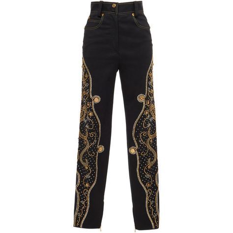 Versace Stud Embellished Pants (171,075 THB) ❤ liked on Polyvore featuring pants, versace, black, straight leg pants, studded pants, versace trousers and straight leg trousers Versace Clothes, Studded Pants, Versace Pants, Versace Fashion, Versace Outfit, Pants Straight Leg, Kpop Fashion Outfits, Straight Leg Trousers, Stage Outfits