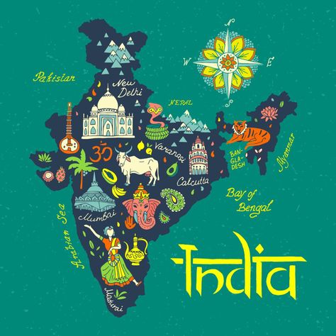 Indian Map, Indian Illustrations, Map Of India, Holiday Homework, India Poster, India Painting, Illustrated Maps, India Map, Tourist Map