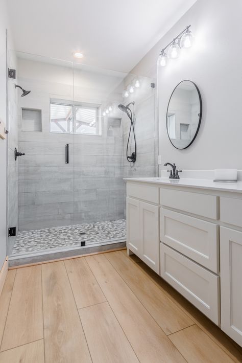 Soho Signature | Modin Rigid LVP Collection Customer Space | TX - Farmhouse - Bathroom - Houston - by Flooret | Houzz Lvp Bathroom Floor, Lvp Flooring Planks Bathroom, Lvp Flooring Bathroom, Flooring Ideas Vinyl, Small White Bathrooms, Wood Floor Bathroom, Vinyl Flooring Bathroom, Bathroom Vinyl, Lvp Flooring