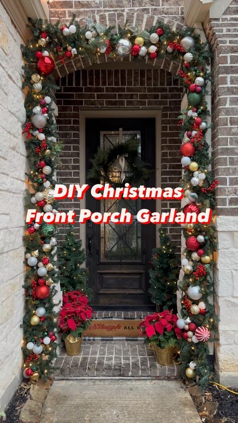 Transform your front porch into a winter wonderland with this enchanting DIY Christmas garland.🎄In just under three hours, you can create… | Instagram Pine Garland Christmas Front Porches, Outdoor Garland Diy, Walkway Christmas Decor, Christmas Garland Outdoor Front Porches, Christmas Archway Outdoor Diy, Diy Outdoor Garland, Garland On Porch Railing, Outdoor Garland Ideas, Diy Christmas Garland Outdoor