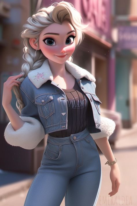 Modern Elsa, wearing jeans, Disney Princess Elsa Anime, Elsa Modern, Modern Elsa, Modern Disney Princess, Fan Art Disney, Cute Pictures To Draw, Disney Princess Comics, Frozen Fan Art, Modern Disney Characters