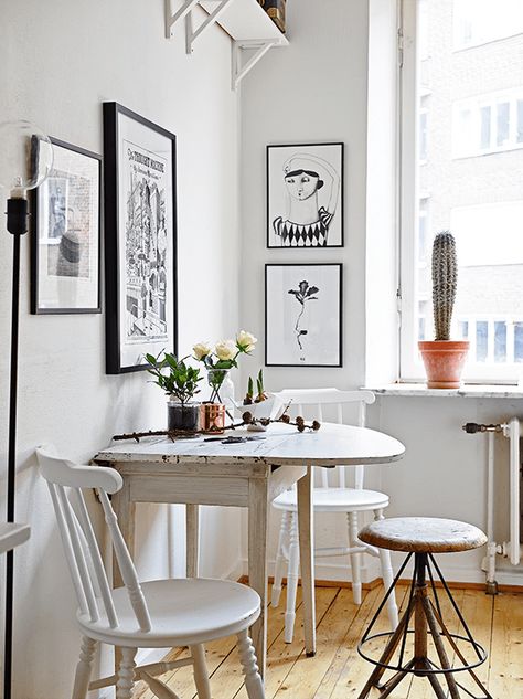 This is one rule you should consider breaking. #SOdomino #white #room #interiordesign #wall #furniture #yellow #table #floor #diningroom #blackandwhite Table Against Wall, Small Dining Room Table, Soho Loft, Small Kitchen Tables, Deco Studio, Small Dining, Retro Stil, Room Table, Home Fashion