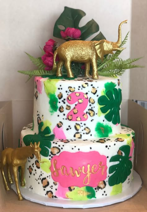 Safari pink gold cake Forever Wild Birthday Cake, Wild One Birthday Cake Pink, 4 Ever Wild Birthday Cake, Pink Safari Birthday Cake, Pink Jungle Cake, Two Wild Cheetah Birthday, Wild And Three Birthday Girl Cake, Girly Safari Birthday Party, Four Ever Wild Birthday Cake