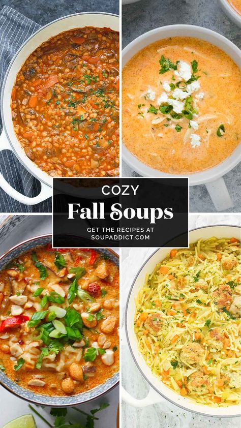 Collage of soup photos. Fall Soups And Stews Healthy, Thick Soups, Healthy Hearty Soup, Panera Autumn Squash Soup, Potato And Sausage, Chicken Chili Soup, Pumpkin Bisque, Cozy Fall Recipes, Creamy Pumpkin Soup