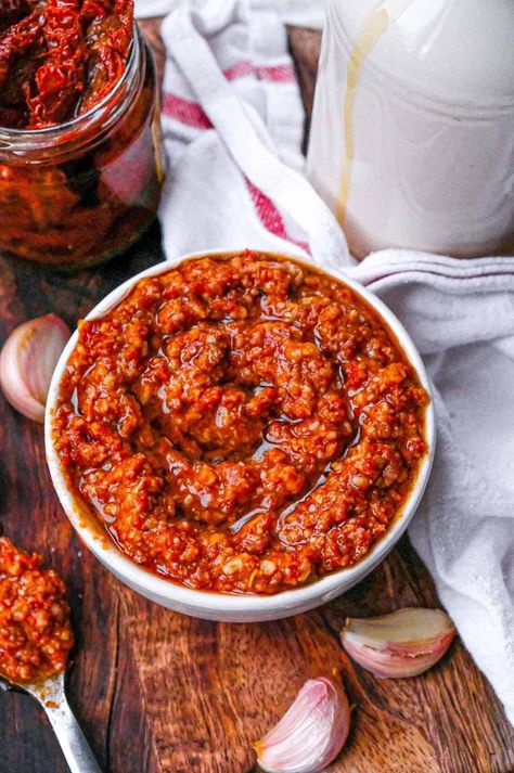 Classic Red Pesto (Sun Dried Tomato Pesto) - Cristina's Kitchen Cream Cheese Pesto Sun Dried Tomato Dip, Sundried Tomato Pesto Recipe, Red Pesto Recipe, Sun Dried Tomato Pesto Recipe, Spice Combos, Sundries Tomato, Make Sun Dried Tomatoes, Red Pepper Pesto, Sun Dried Tomato Pesto