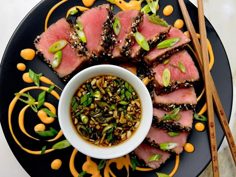 SESAME CRUSTED AHI TUNA WITH GINGER SOY DIPPING SAUCE Seared Ahi Tuna With Soy Ginger Sauce, Sesame Tuna Steak Recipes, Sesame Crusted Ahi Tuna, Dipping Sauce For Tuna Steak, Ahi Tuna Appetizer Recipes, Fresh Tuna Recipe, Ahi Tuna Dipping Sauce, Tuna Dipping Sauce, Diner Party Food