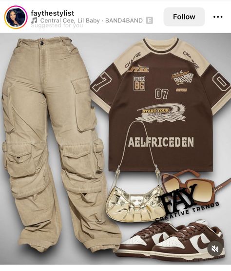 Birthday Outfit Brown, Coconut Milk Dunks Outfit, Tan Shirt Outfit Black Women, Brown And White Dunks Outfit, Brown And Pink Outfits For Black Women, Khaki Pants Outfit Black Women, Tan Baggy Pants Outfit, Brown 3s Outfit, Brown And Tan Outfits For Black Women